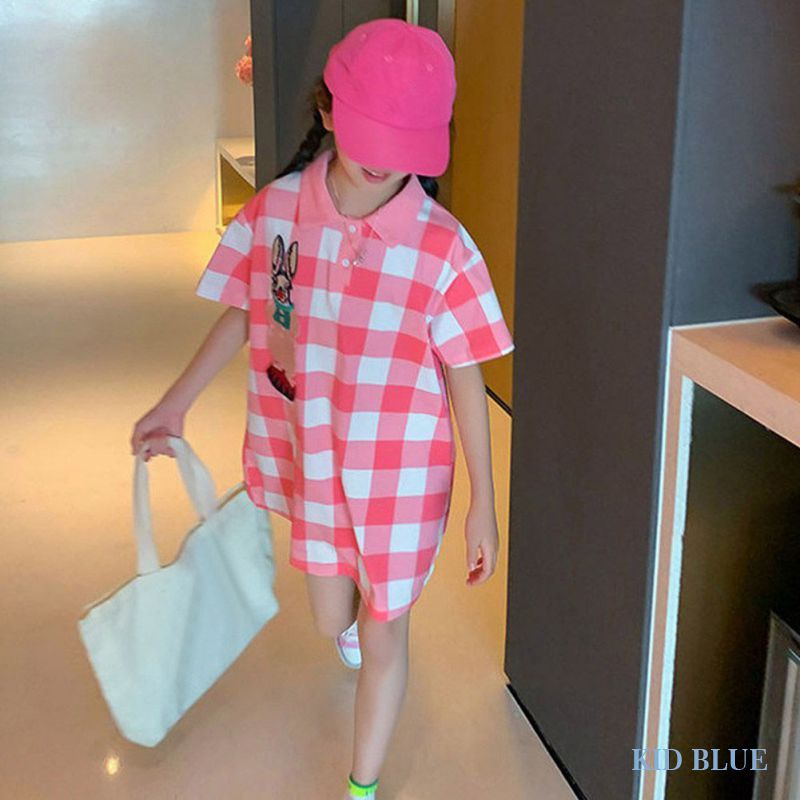 Đầm Dài Ngang Gối Màu Hồng Họa Tiết Kẻ Sọc Caro Và Cà Vạt Hoạt Hình Cho Bé Gái