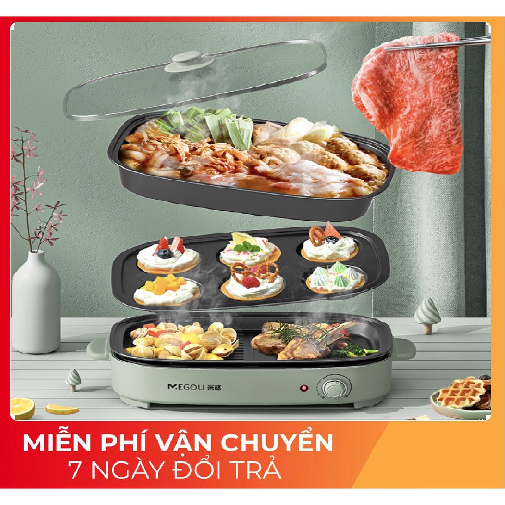 Bếp lẩu nướng đa năng chống dính 3 khay tháo dời Megou - 30S Chính hãng cao cấp