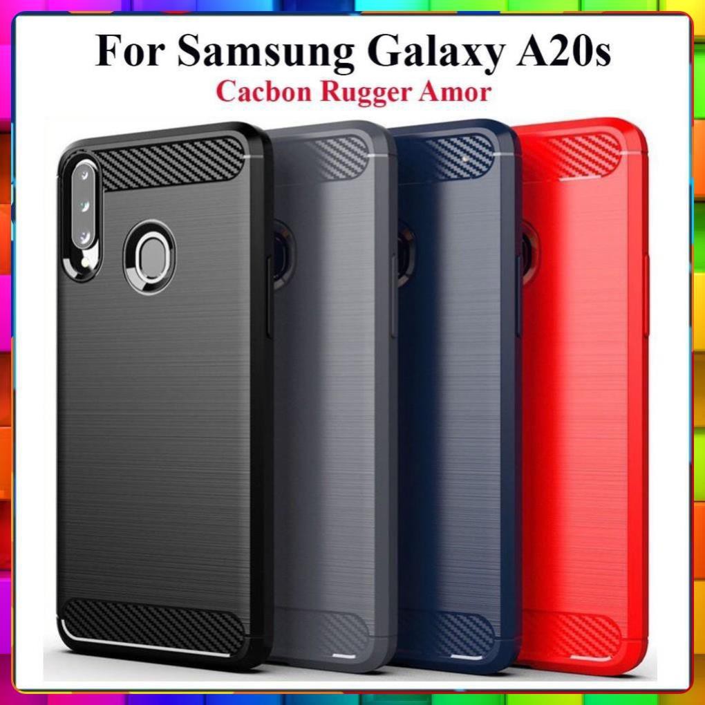 Ốp lưng dẻo Samsung Galaxy A20s vân sợi cacbon chống sốc, chống vân tay Rugger Amor