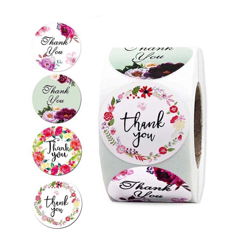 Cuộn 500 miếng dán in chữ Thank You và họa tiết hoa 4 hoặc 8 kiểu thiết kế tùy chọn trang trí túi quà Giáng Sinh DIY