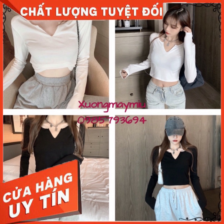 Áo croptop tăm dài tay nữ 🌸 Áo cổ V tay dài chất len tăm len gân - Hàng nhập khẩu