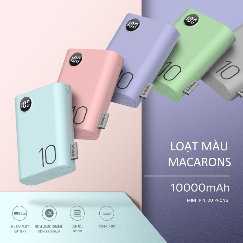 Sạc dự phòng KIVEE PF23P 10000mAh Macaron tích hợp 4 cổng sạc + đèn LED hiển thị nguồn cho iPhone Huawei Samsung Xiaomi