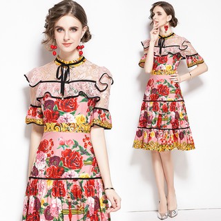 Đầm Tay Ngắn Hoạ Tiết Hoa Thiết Kế Dáng Chữ A Thanh Lịch Phong Cách Vintage 2020