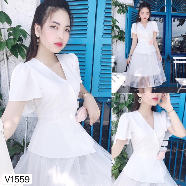 Váy trắng phối ren tặng hoa cài eo Hàng thiết kế