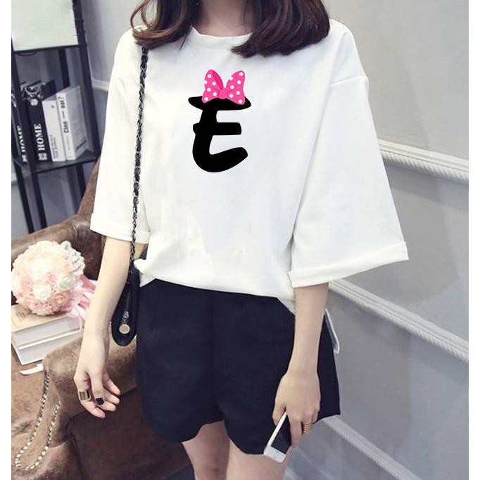 Áo thun nữ tay lỡ form rộng chữ E đeo nơ vải dày mịn TEEWOC5