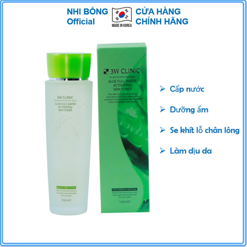 Nước hoa hồng dưỡng trắng da cấp nước se khít lỗ chân lông tinh chất Lô Hội 3W Clinic Hàn Quốc 150ml