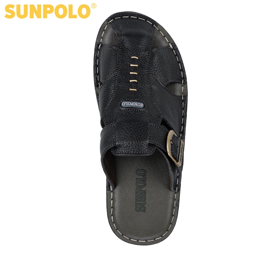 Dép bít mũi nam da bò SUNPOLO ABI007 Đen - Có Big size 44 45
