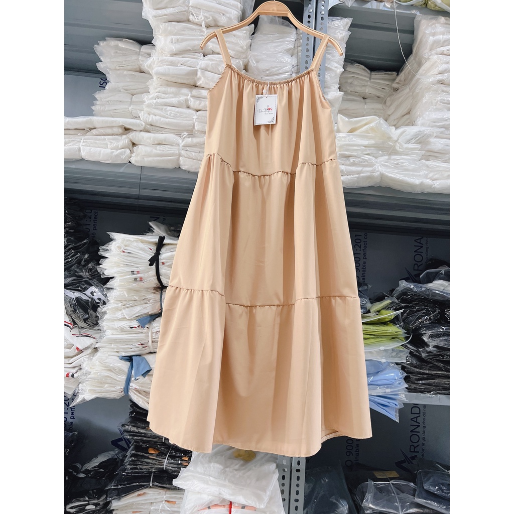 Váy maxi 2 dây 3 tầng đi biển - Đầm maxi babydoll 3 tầng dáng xuông vải đũi mềm mát rộng dài chuẩn mẫu