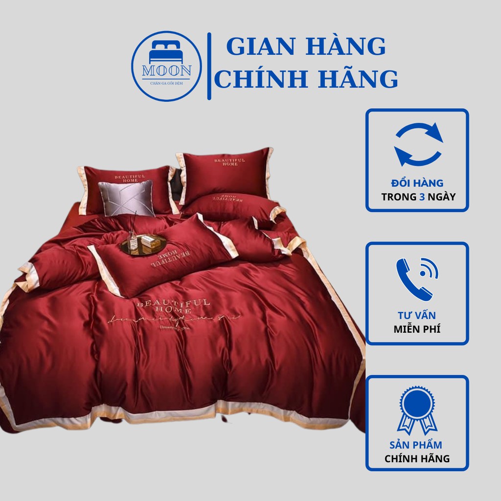 Bộ Chăn Ga Phi Lụa BEAUTIFUL HOME Viền Vàng Cao Cấp