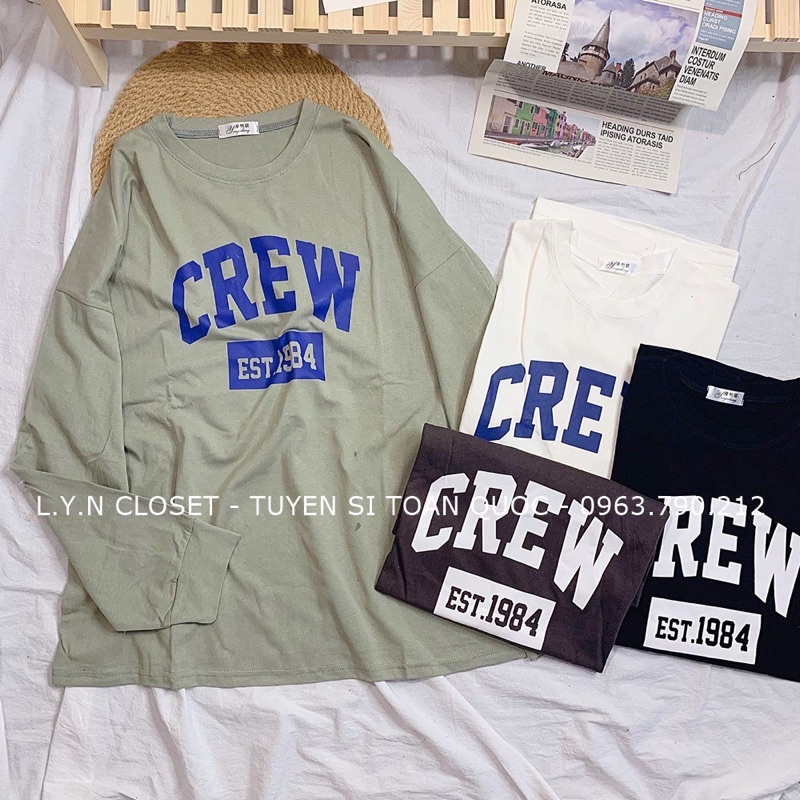 Áo thun dài tay 3158 chữ CREW bo viền 4 màu dáng xuông form oversize Lyn Closet A95L