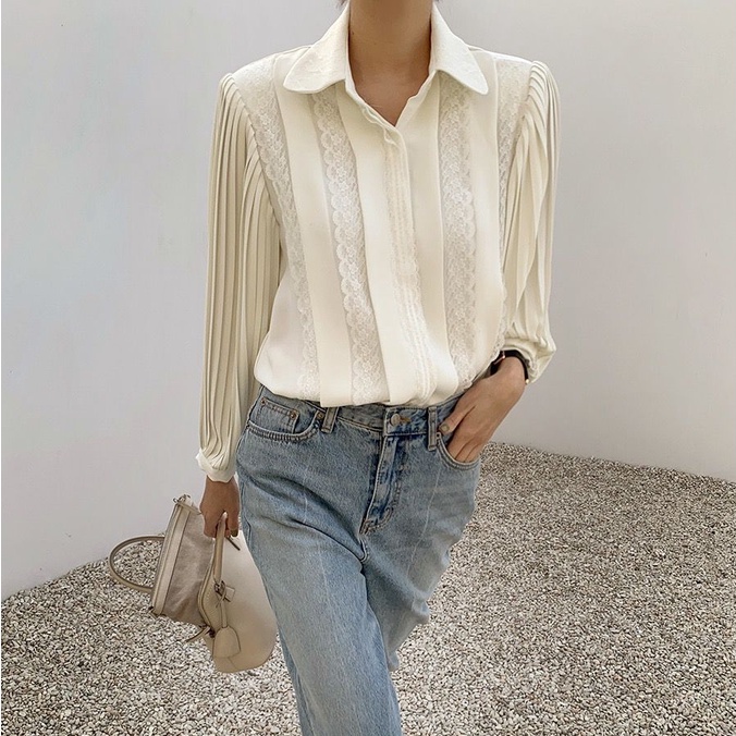 [ORDER] Áo Sơ Mi Dáng Rộng Dài Tay Xếp Ly Phối Ren Phong Cách Hàn Quốc ICC Official Store AO044