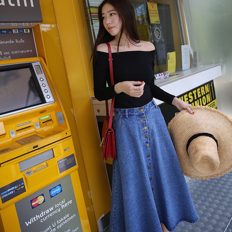 Chân váy jean chữ A lưng cao phong cách thời trang năng động trẻ trung cho phái nữ | BigBuy360 - bigbuy360.vn