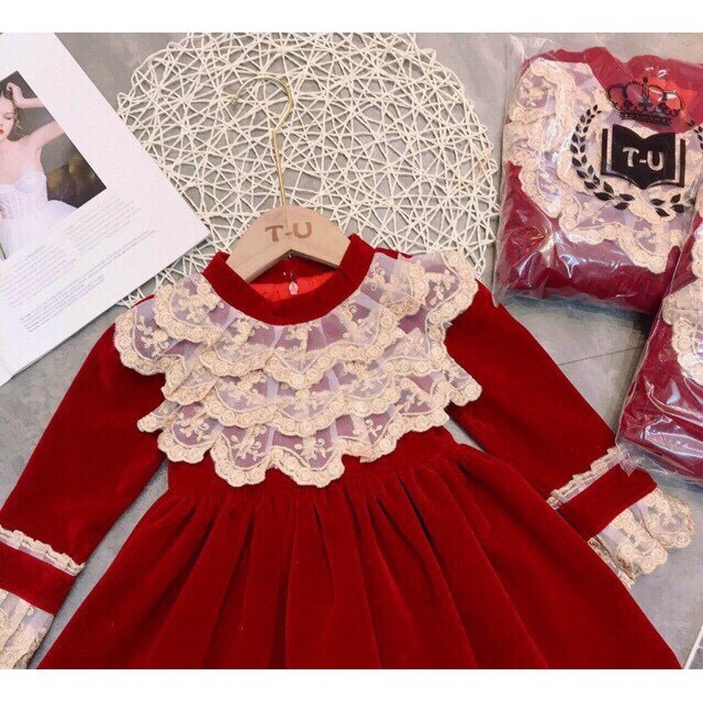 ̣̣̣̣̣̣̣̣̣̣(Hàng thiết kế siêu xinh) Váy nhung đỏ cổ thêu hoa cực sang chảnh cho bé gái mặc Tết, Noel