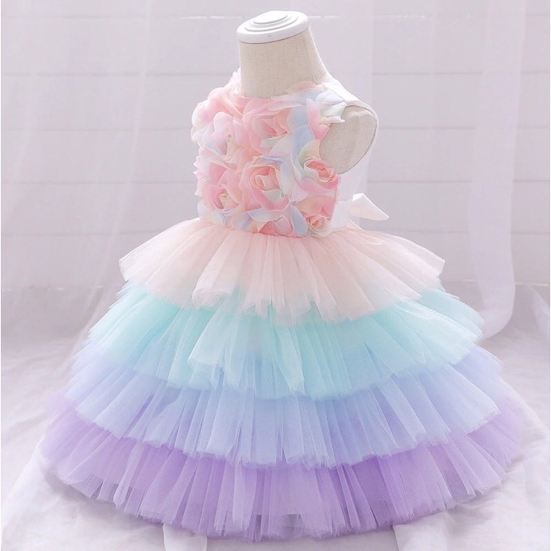 Đầm Công Chúa Cao Cấp TiNa’s House: Kiểu Sát Nách, Phối Hoa vs Chân Váy Nhiều Tầng Họa Tiết Cầu Vồng Cho Bé Từ 0-05Tuổi.