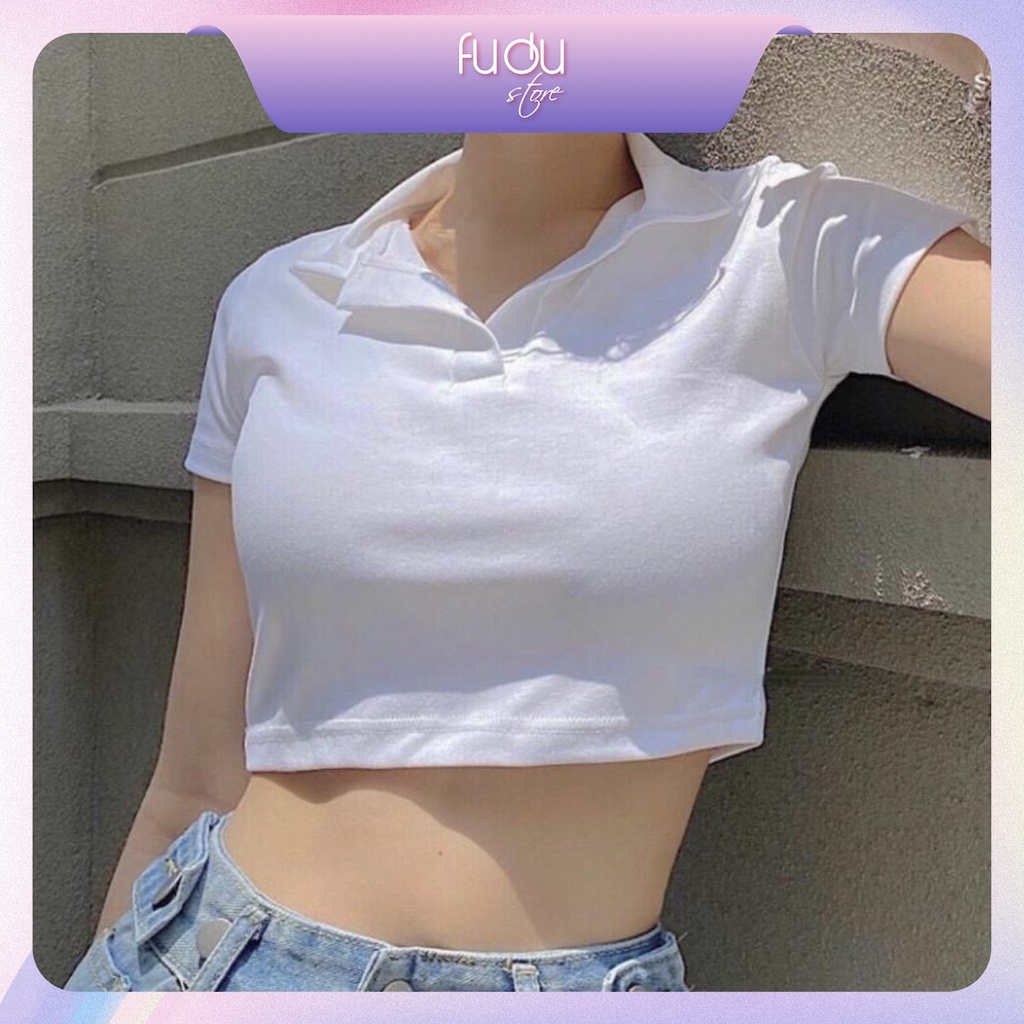 Áo Croptop Tay Ngắn Cổ Bẻ, Chất Thun Co Giãn, Form Basic Trơn Dễ Phối Đồ FD042