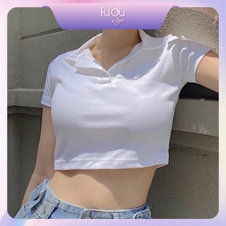 Áo croptop tay ngắn cổ bẻ, chất thun co giãn, form basic trơn dễ phối đồ fd042
