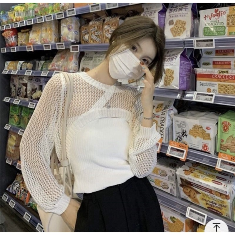 Set áo ống dây chéo vai kèm croptop lưới