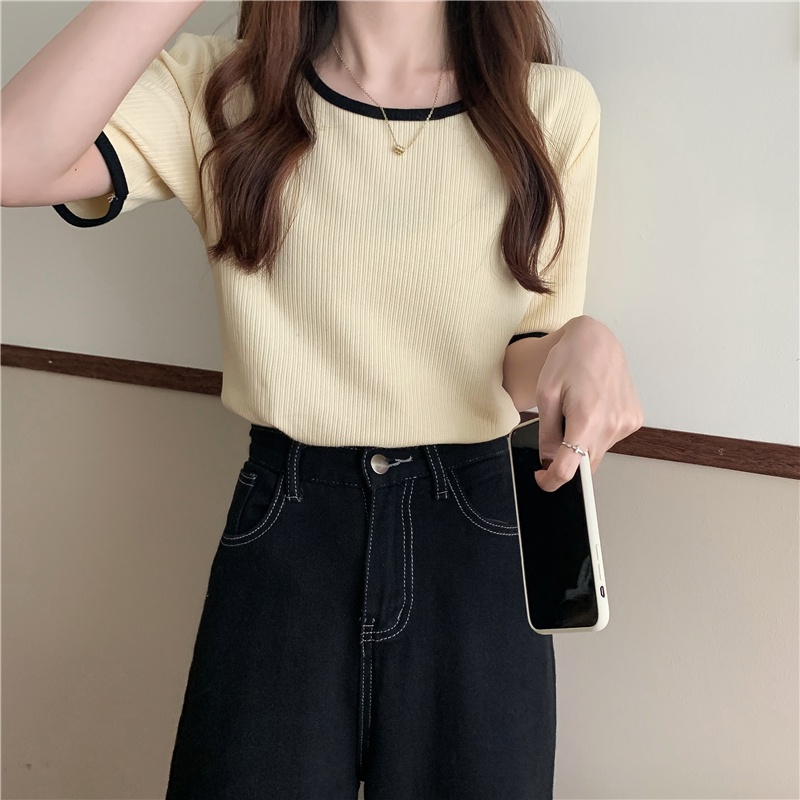 Áo Thun Dệt Kim Tay Ngắn Cổ Tròn Dáng Rộng Phong Cách Hàn Quốc Thời Trang Mùa Hè Cho Nữ