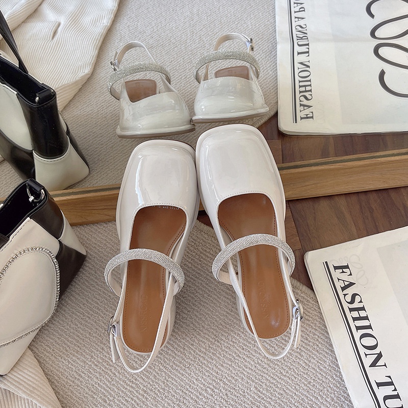 Giày xăng đan IELGY cao gót mũi vuông bằng da đính đá thời trang cho nữ