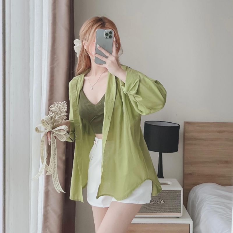 TTL Set bộ đùi 3 món áo khoác sơ mi xanh cốm tay dài  mix quần đùi short trắng kèm áo bra 2 dây