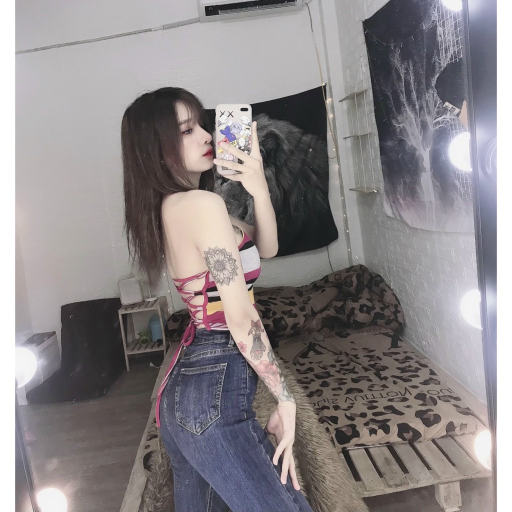 Áo kiểu yếm khoen đan dây lưng phối màu sọc kèm mút cực hot , chất thun bozip mềm mịn ( ảnh thật )