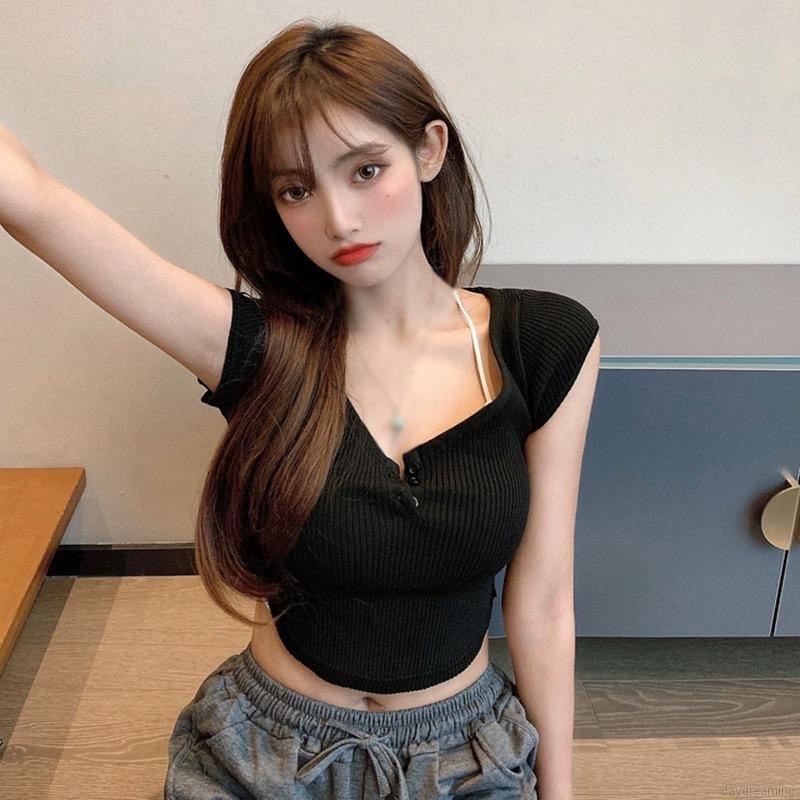 Áo Dệt Kim Tay Ngắn Cổ Chữ U Màu Trơn Phong Cách Hàn Quốc | BigBuy360 - bigbuy360.vn