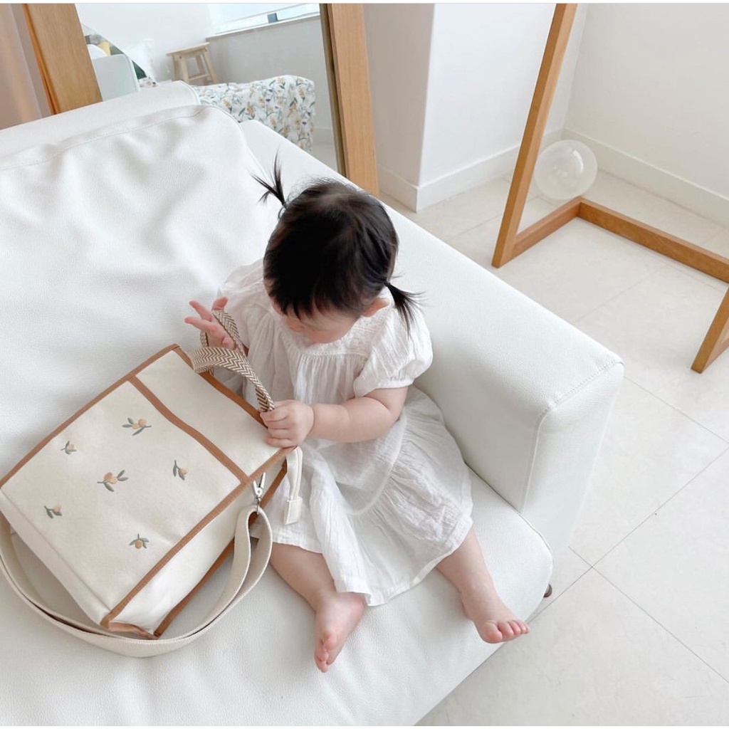 Túi Đựng Tã Lót Xe Đẩy Em Bé Chất Liệu Cotton Thêu Họa Tiết Phong Cách Hàn Quốc Mới