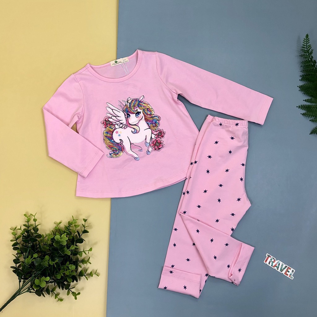 Bộ cotton thu đông đính hình Pony bông hoa viền kim sa dài tay bé gái size 2-8T, cho bạn từ 11-25kg. Chất cotton dày dặn