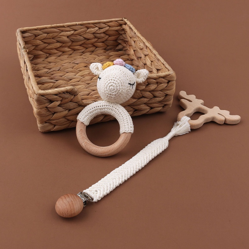 1 Bộ Vòng Tay Lục Giác Bằng Cotton Dệt Kim + Giá Đỡ Núm Ti Giả + Dây Xích Kẹp DIY Cho Bé