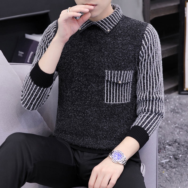 Áo len nam hàn quốc cổ bẻ dài tay kẻ sọc hàng cao cấp đẹp
