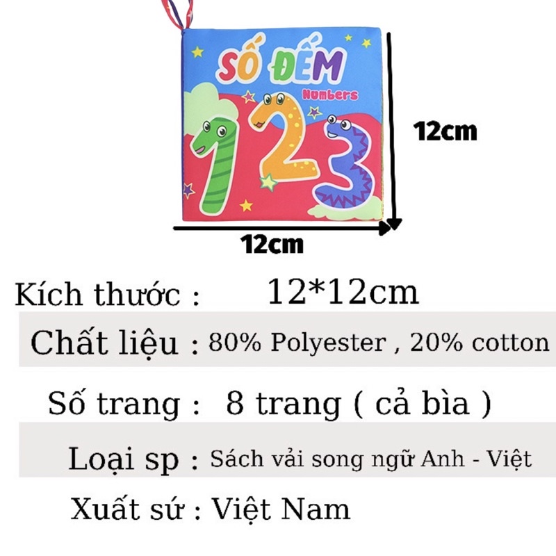 Sách vải cho bé, song ngữ kích thích đa giác quan Pipo [Kích thước 12x12cm, 8 mặt, an toàn tuyệt đối cho bé]