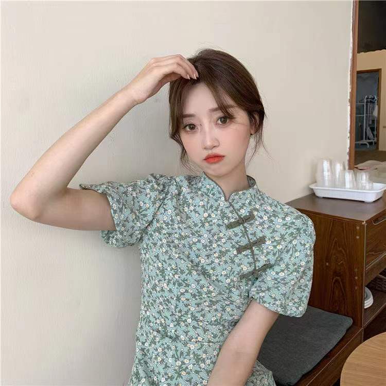 Sườn xám cách tân thiết kế in họa tiết hoa thời trang mùa hè 2021 cho nữ