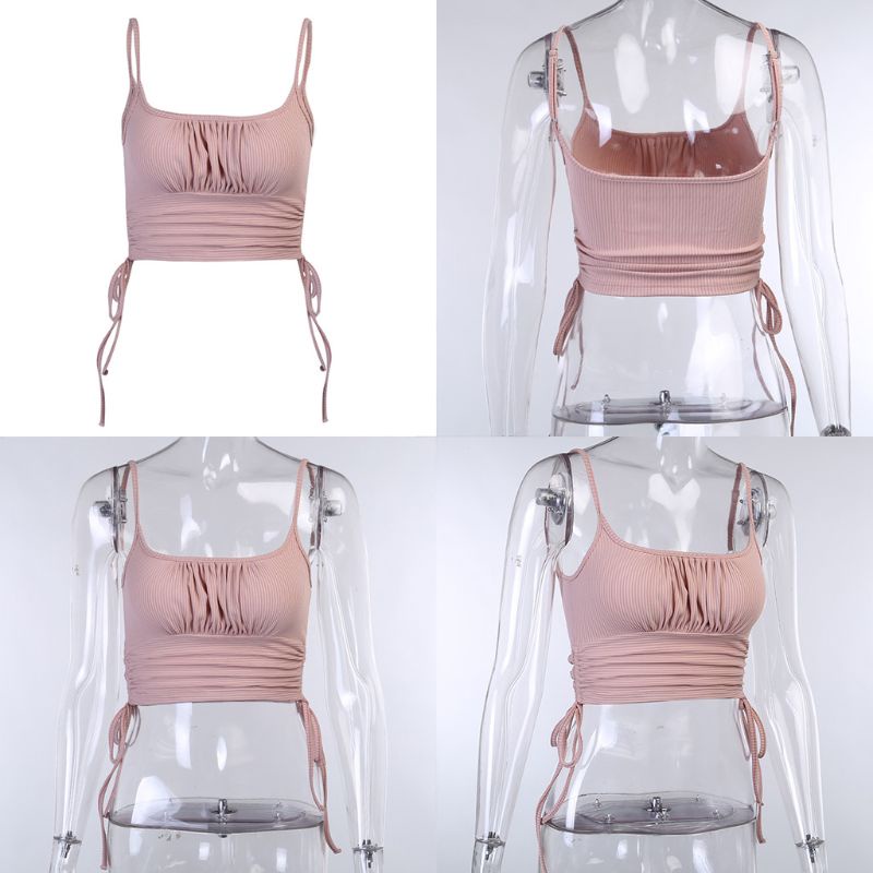 Xiangbao Áo Crop Top Hai Dây Xếp Ly Ôm Dáng Màu Trơn Có Gân Dây Rút Bên Hông Gợi Cảm Cho Nữ