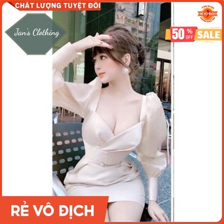 Đầm chéo ngực đính nút tay dài xinh xắn