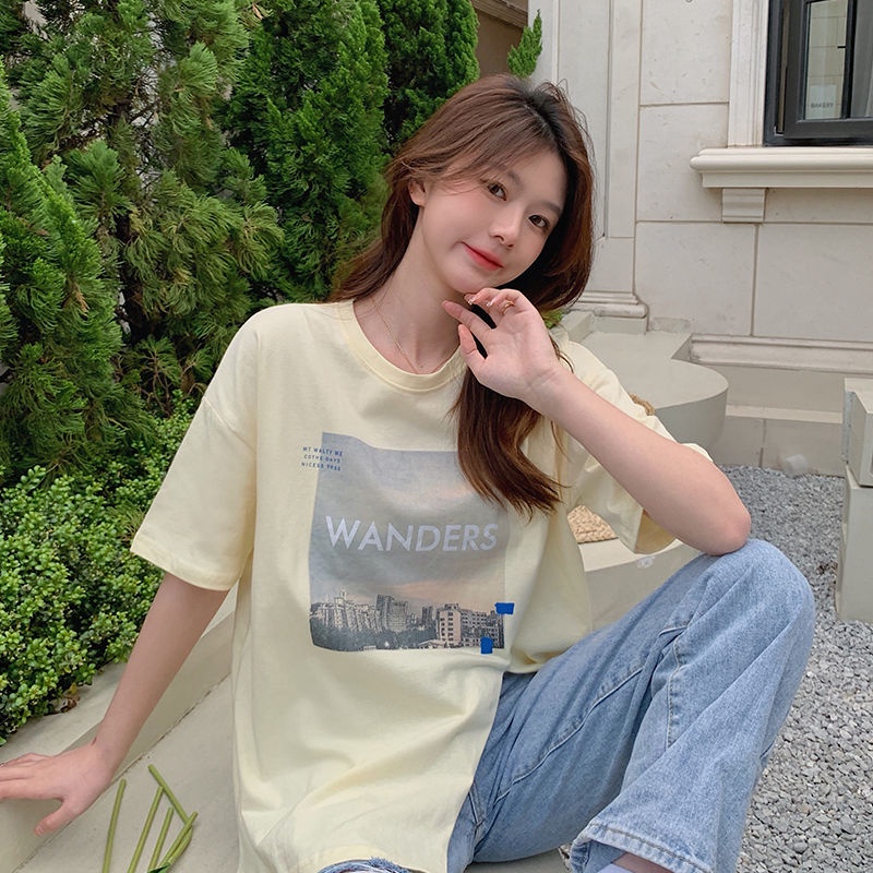 Áo thun IELGY ngắn tay xẻ tà in họa tiết phong cách Hàn Quốc dành cho nữ