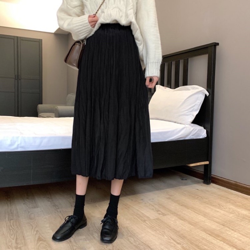 Chân váy voan trắng midi dáng dài xếp ly nhăn nhẹ nhàng vintage Hàn Quốc