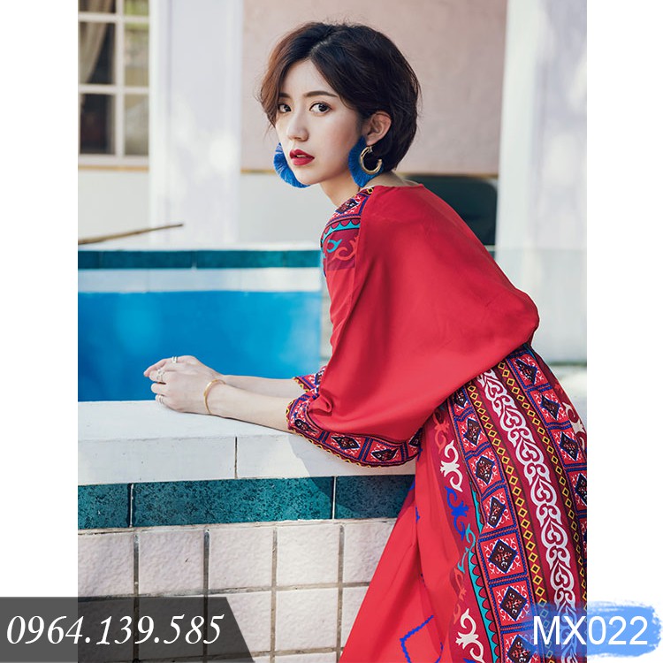 Đầm maxi dáng xòe phong cách Bohemian, phóng khoáng và đầy cá tính, họa tiết cổ điển Tây Âu ấn tượng | MX022