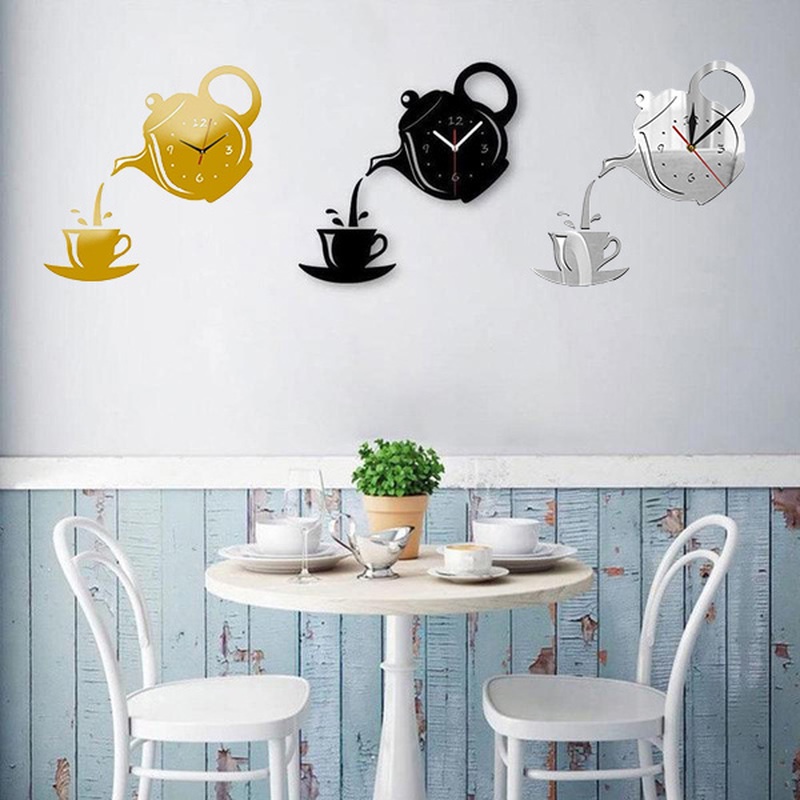 1 Đồng Hồ Treo Tường DIY Bằng Acrylic Mặt Gương Hình Ấm Trà Sáng Tạo Trang Trí Phòng Khách/Phòng Khách