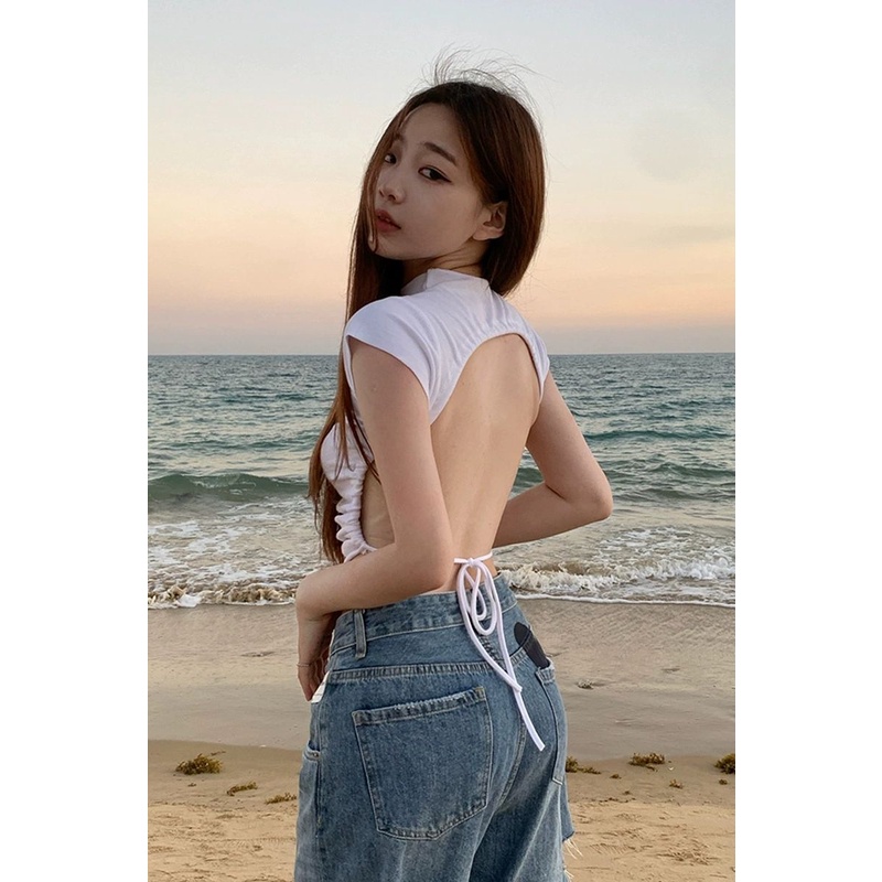 Áo Thun T-shirt Hở Lưng Màu Trắng Trơn Gợi Cảm Phong Cách Âu Mỹ