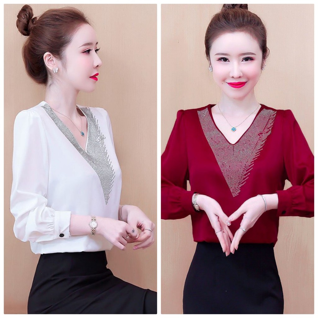 Áo Sơ Mi Kiểu Nữ Cổ V Phi Lụa Cổ Đính Cườm BY3343