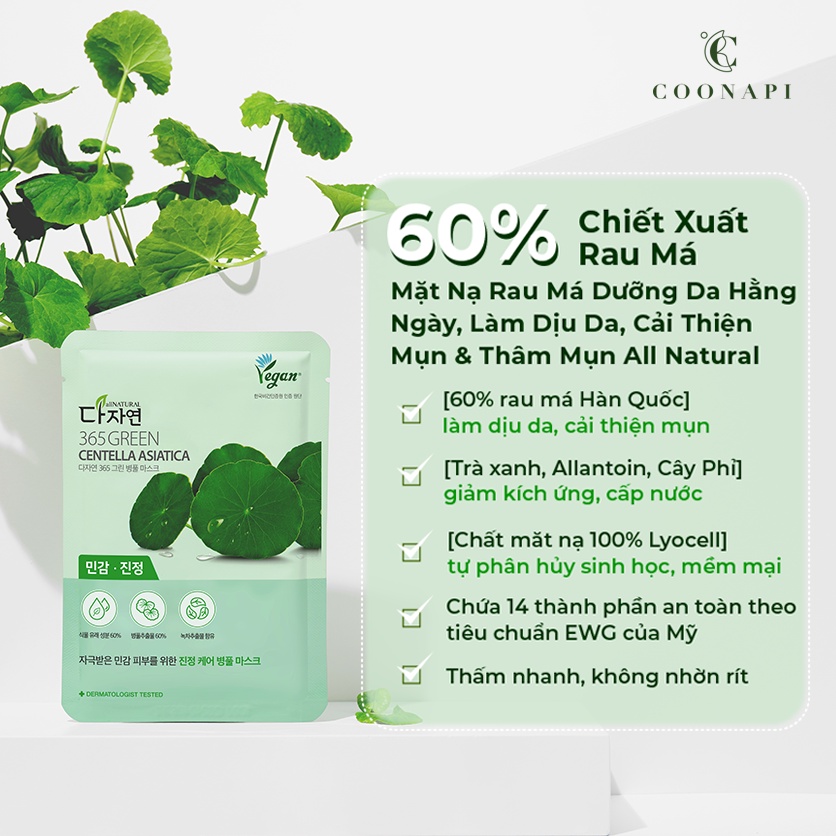 Mặt Nạ Rau Má Dưỡng Da Hàng Ngày, Làm Dịu Da Cải Thiện Mụn &amp; Thâm Mụn All Natural 365 Green Centella Asiatica Sheet Mask