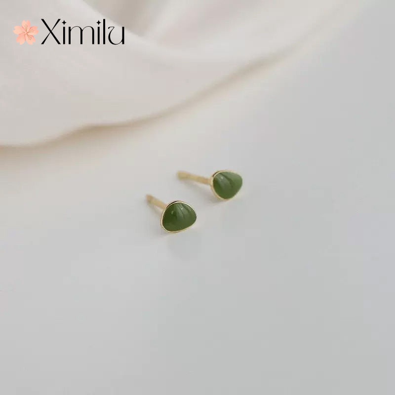 Khuyên Tai Hình Giọt Nước Đính Đá Ngọc Bích Màu Xanh Lá Phong Cách Pháp Đơn Giản Dành Cho