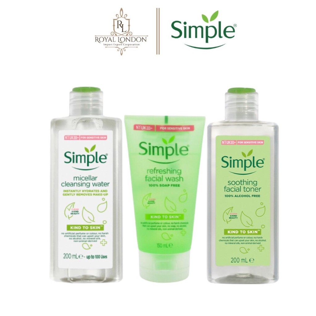 Combo Da Sạch Sâu SIMPLE Nước Tẩy Trang Micellar 200ml + Sữa Rửa Mặt Refreshing 150ml + Toner 200ml