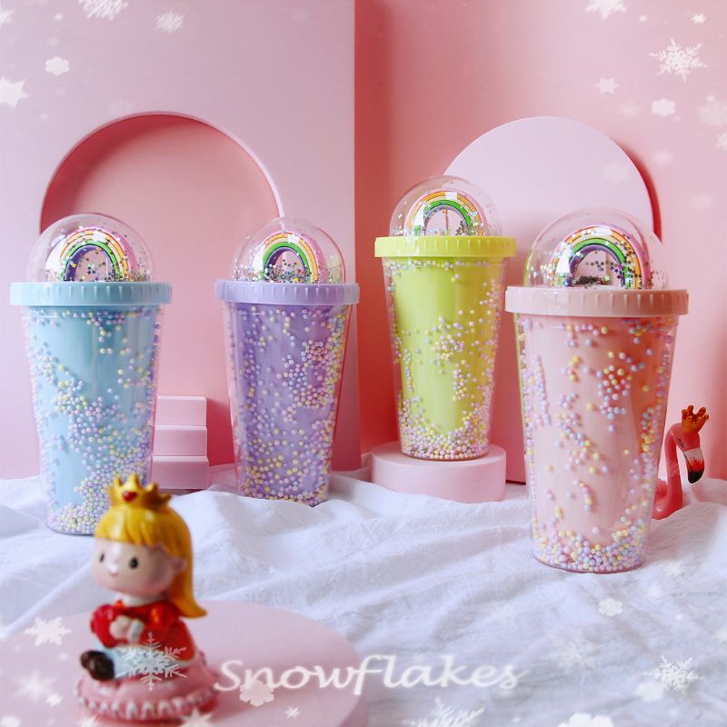 LY NƯỚC CẦU VÒNG HAI LỚP NHỰA GIỮ NHIỆT CÓ ỐNG HÚT VÀ BÔNG TUYẾT MÀU RAINBOW