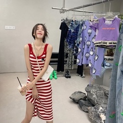 Đầm dệt kim ZHELIHANGFEI dáng dài xẻ tà họa tiết kẻ sọc phong cách thời trang quyến rũ cho nữ