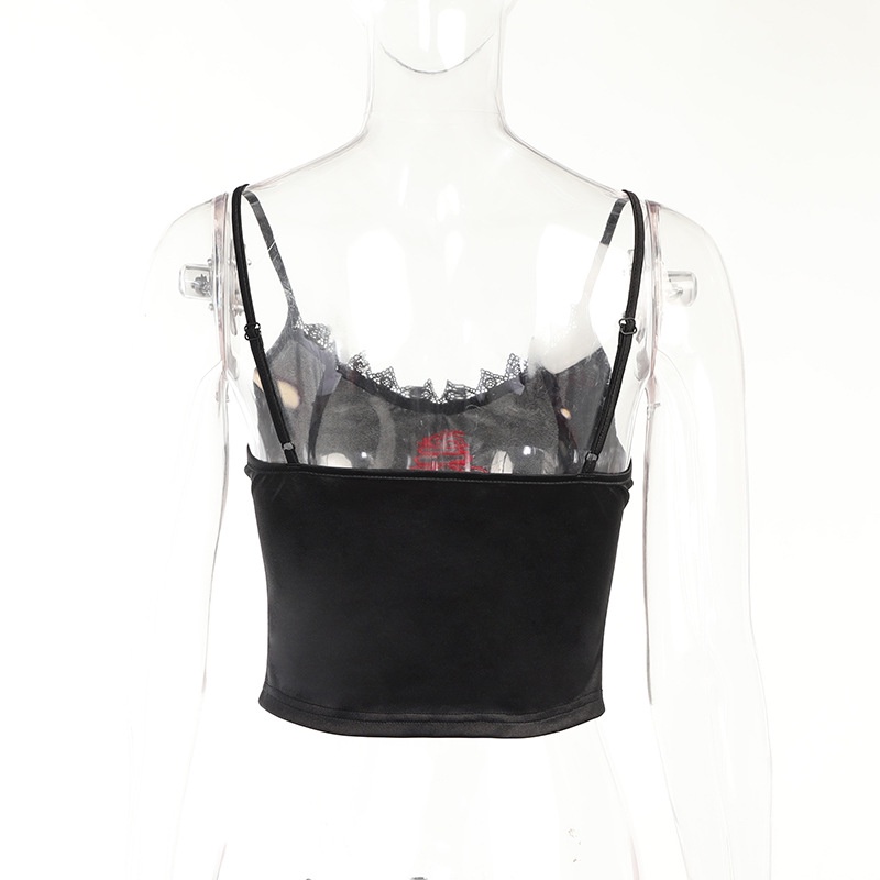 Áo Tank Top Thêu Ren Có Dây Đeo Phong Cách Tối D0331