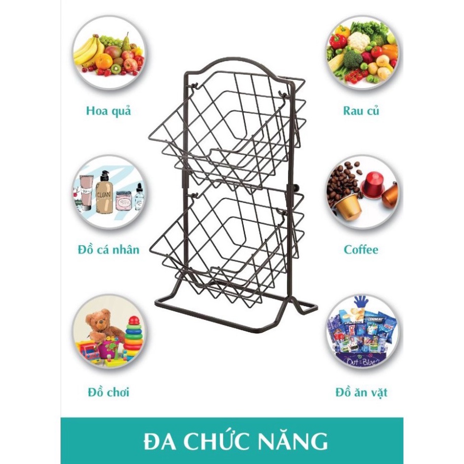 Kệ giỏ sắt Woocera 2 tầng khung thép không gỉ sơn tĩnh điện, màu đen, trang trí nhà bếp, đựng hoa quả, đồ dùng phòng tắm