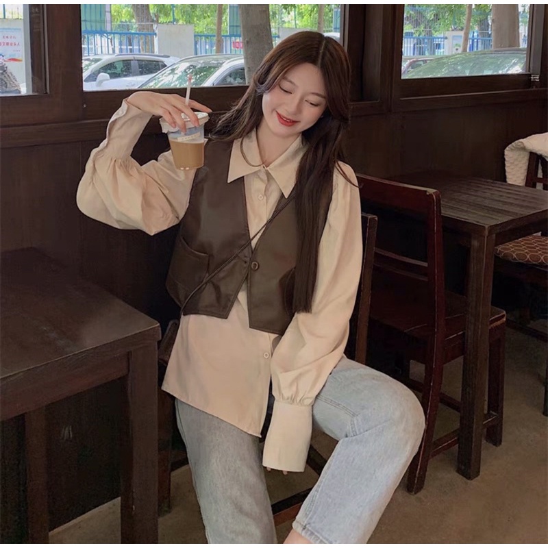 Áo gile da croptop áo khoác nữ phong cách độc lạ áo sơ mi dài tay hàn quốc