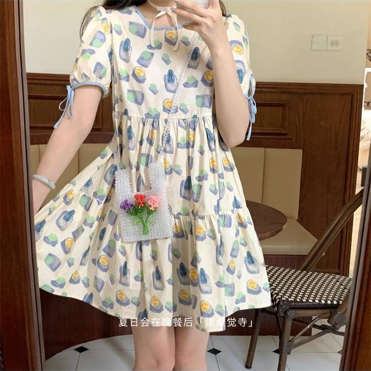 Đầm tay phồng lưng cao in họa tiết xinh xắn dành cho nữ