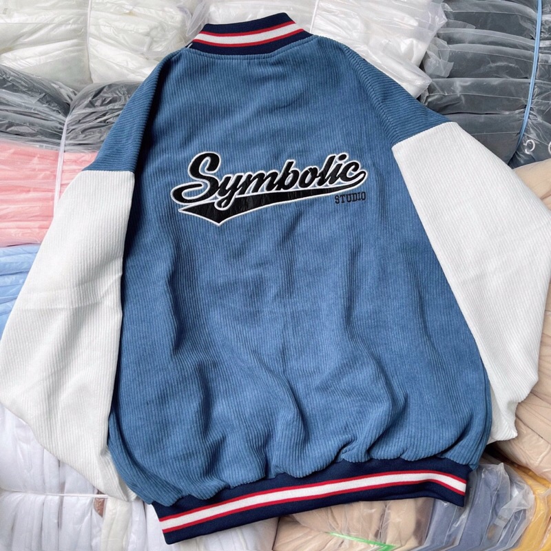 Áo khoác bomber chất nhung tăm unisex, Áo jacket varsity nhung nam nữ thêu chữ Symbolic